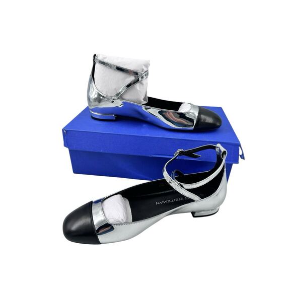 STUART WEITZMAN Silver & Black Cap Toe Leather Eden Cross-Strap Ballet Flats 7.5 - Picture 10 of 16